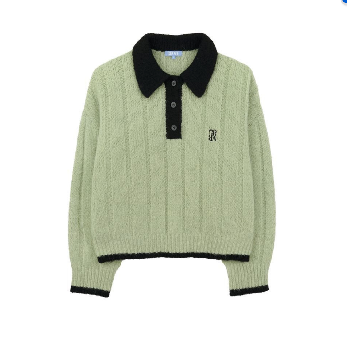 Cable Knit Polo Sweater in sage green with black collar and trim
