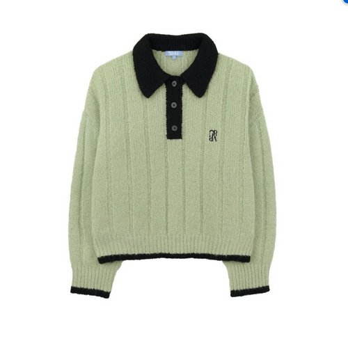 Cable Knit Polo Sweater in sage green with black collar and trim
